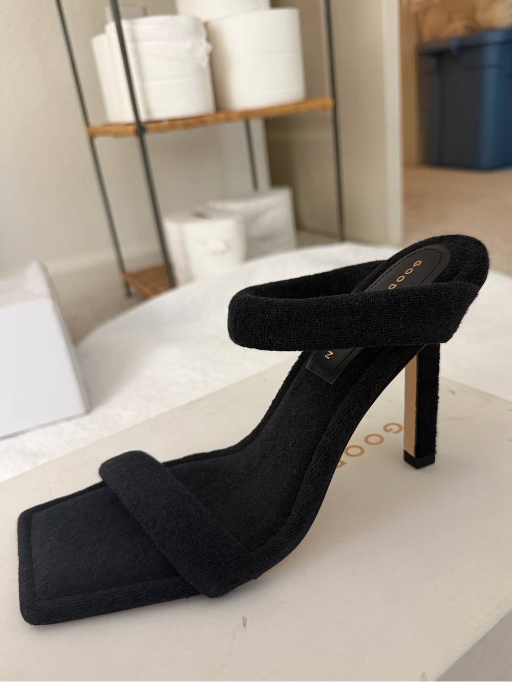 Good American Black Double-Strap Square-Toe High Heel Sandals. Terry material.